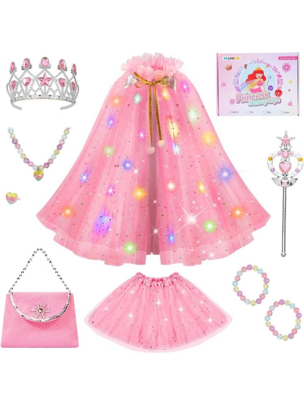 Princess Dress Up Cape with Crown & Tutu Costume Set for Girls Ages 3-8-R Pink